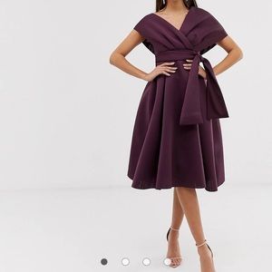 ASOS fallen shoulder midi prom dress in aubergine